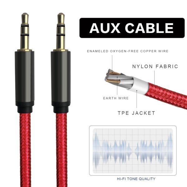 3M [10ft] Nylon Fabric Tangle-Free Male To Male 3.5mm Auxiliary Cable Red - Image 6