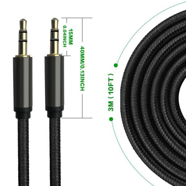 3M [10ft] Nylon Fabric Tangle-Free Male To Male 3.5mm Auxiliary Cable Black - Image 3