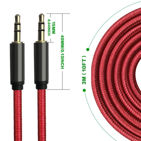 3M [10ft] Nylon Fabric Tangle-Free Male To Male 3.5mm Auxiliary Cable Red - Image 3