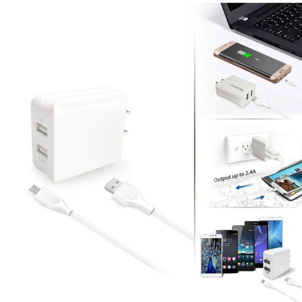 12W 2.4A Dual USB Travel Wall Charger With 5FT Micro USB Charging Cable - Image 2