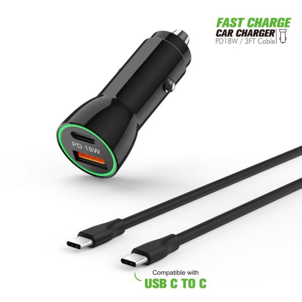 18W Car Charger PD & USB-A With 3ft C To C Cable - Image 7