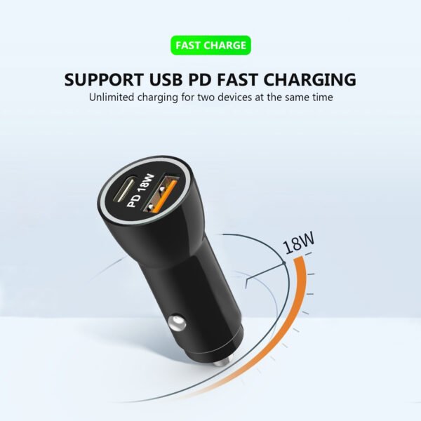 18W Car Charger PD & USB-A With 3ft C To C Cable - Image 5