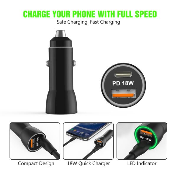 18W Car Charger PD & USB-A With 3ft C To C Cable - Image 4