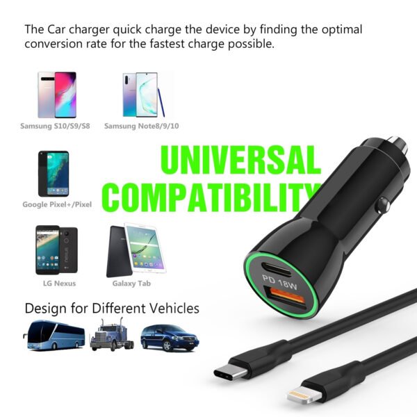 18W Car Charger PD & USB-A With 3ft C To C Cable - Image 2