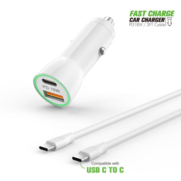 18W Car Charger PD & USB-A With 3ft C To C Cable - Image 7