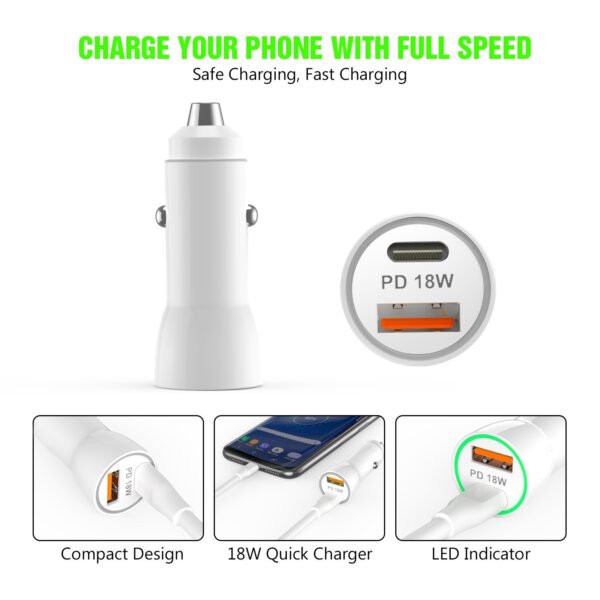 18W Car Charger PD & USB-A With 3ft C To C Cable - Image 4