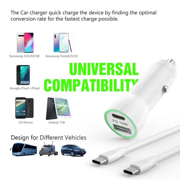 18W Car Charger PD & USB-A With 3ft C To C Cable - Image 2