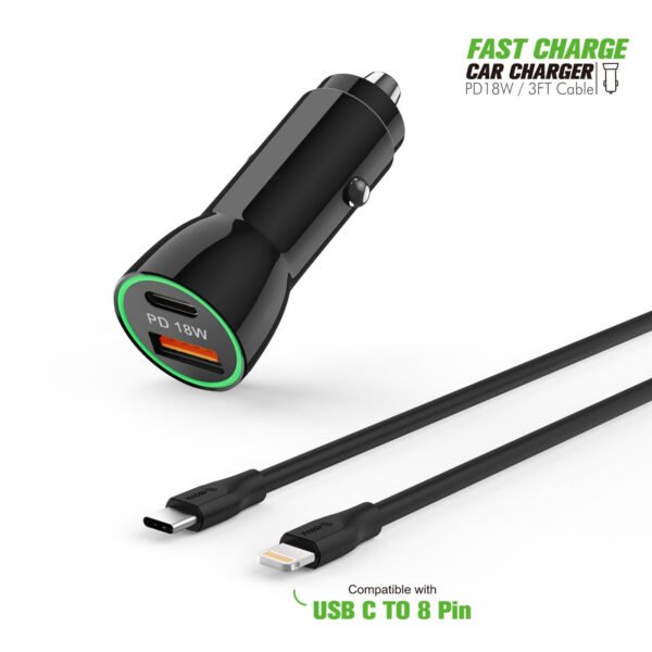 18W Car Charger PD & USB-A With 3ft C To IPhone Cable For IPhone 12/11 - Image 7