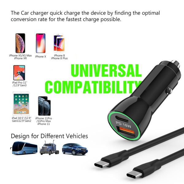 18W Car Charger PD & USB-A With 3ft C To IPhone Cable For IPhone 12/11 - Image 2