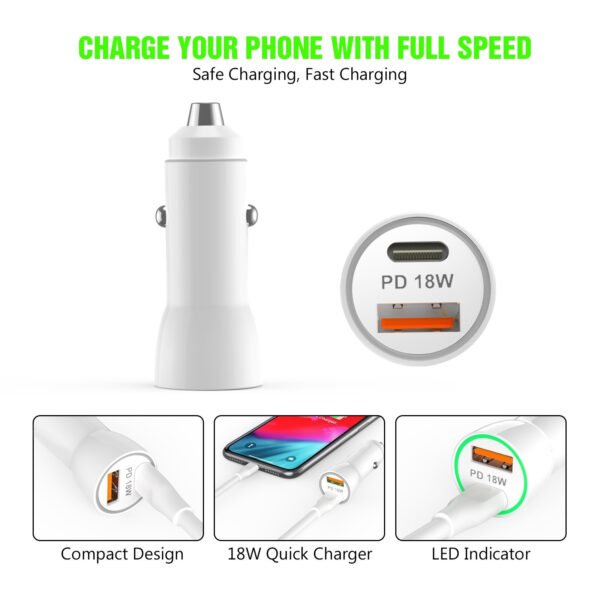 18W Car Charger PD & USB-A With 3ft C To IPhone Cable For IPhone 12/11 - Image 4