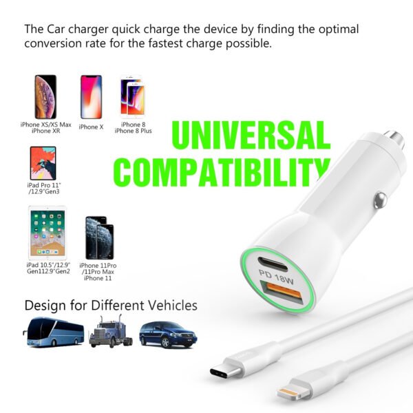 18W Car Charger PD & USB-A With 3ft C To IPhone Cable For IPhone 12/11 - Image 2