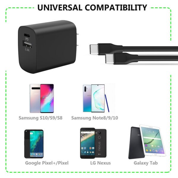 18W Wall Charger PD & USB-A With 5ft C To C Cable - Image 2