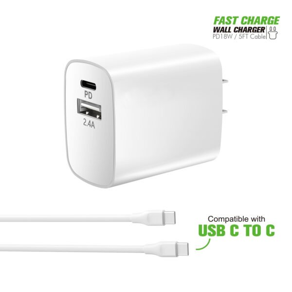 18W Wall Charger PD & USB-A With 5ft C To C Cable - Image 6