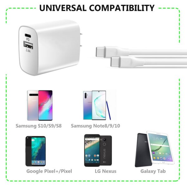 18W Wall Charger PD & USB-A With 5ft C To C Cable - Image 2