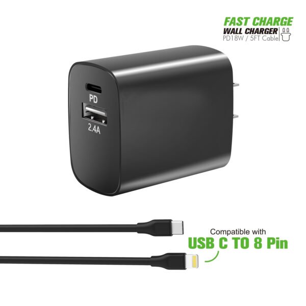 18W Wall Charger PD & USB-A With 5ft C To IPhone Cable For IPhone 12/11 - Image 6