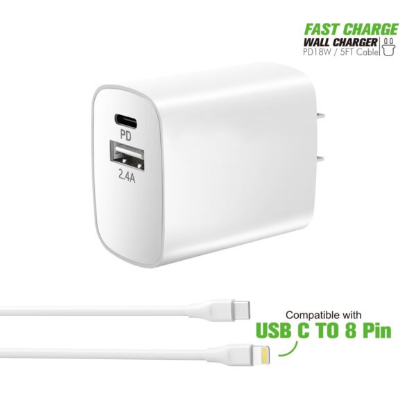 18W Wall Charger PD & USB-A With 5ft C To IPhone Cable For IPhone 12/11 - Image 6