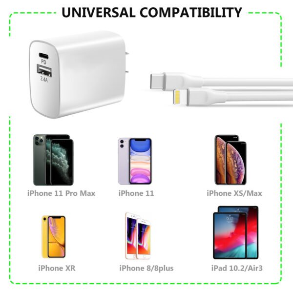 18W Wall Charger PD & USB-A With 5ft C To IPhone Cable For IPhone 12/11 - Image 2