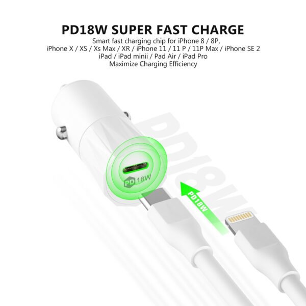 18W PD Fast Charger Car & 3FT C To 8Pin Cable For IPhone 12/11 - Image 5