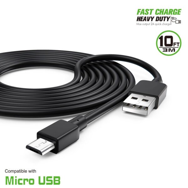 10FT Heavy Duty USB Cable 2A For Mirco USB Black - Image 3