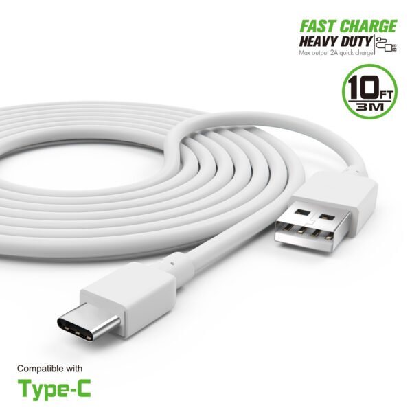 10FT Heavy Duty USB Cable 2A For Type-C White - Image 2