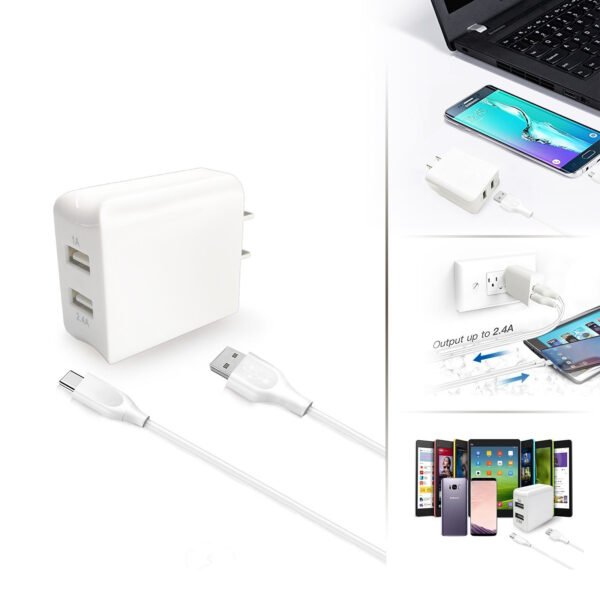 12W 2.4A Dual USB Travel Wall Charger With 5FT Type-C Charging Cable - Image 2