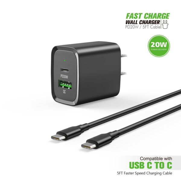 20W PD+QC FAST WALL CHARGER & 5FT USB C TO C CABLE - Image 7