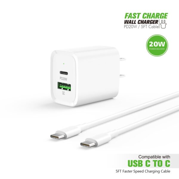 20W PD+QC FAST WALL CHARGER & 5FT USB C TO C CABLE - Image 7