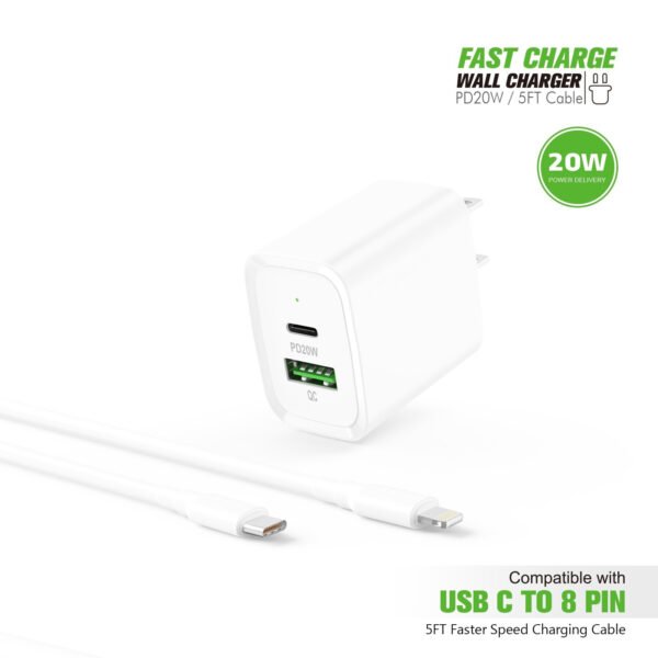 20W PD+QC FAST WALL CHARGER & 5FT USB C TO 8PIN CABLE - Image 7