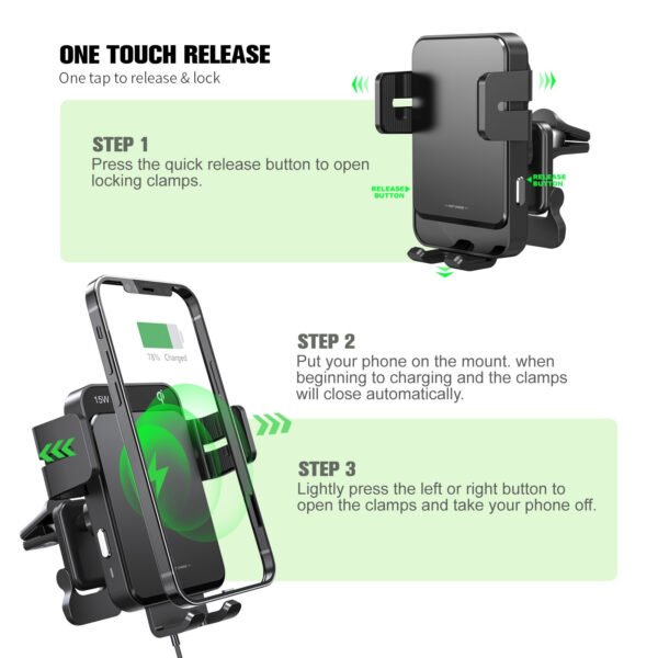 15W QI AUTOMATIC WIRELESS CHARGER AIR VENT CAR MOUNT - Image 5